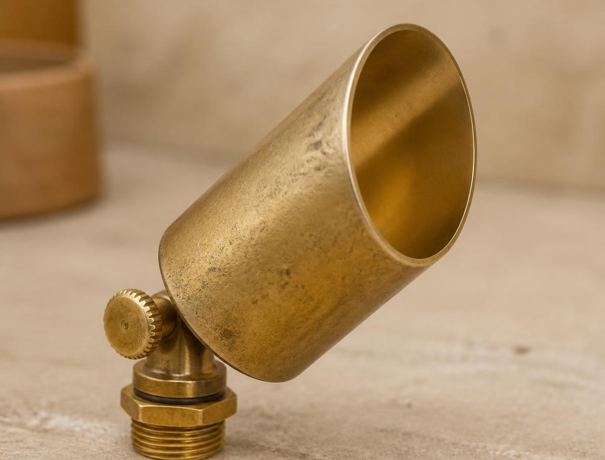 Close-up of a solid cast brass spot light fixture with natural patina