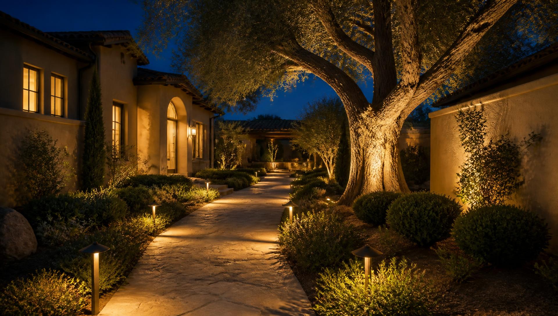 Warm brass path lights illuminating a stone walkway and garden at dusk